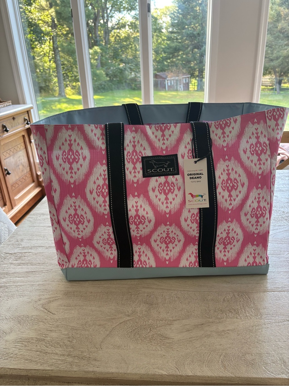 Scout Pink Ikat Tote with Black Straps and Light Blue Base